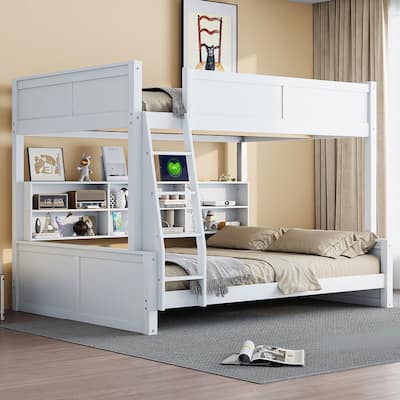 Twin XL / Full XL over Queen Bunk Bed with Open Cabinets and Charging Station, Storage Kids Bed Frame with Ladder