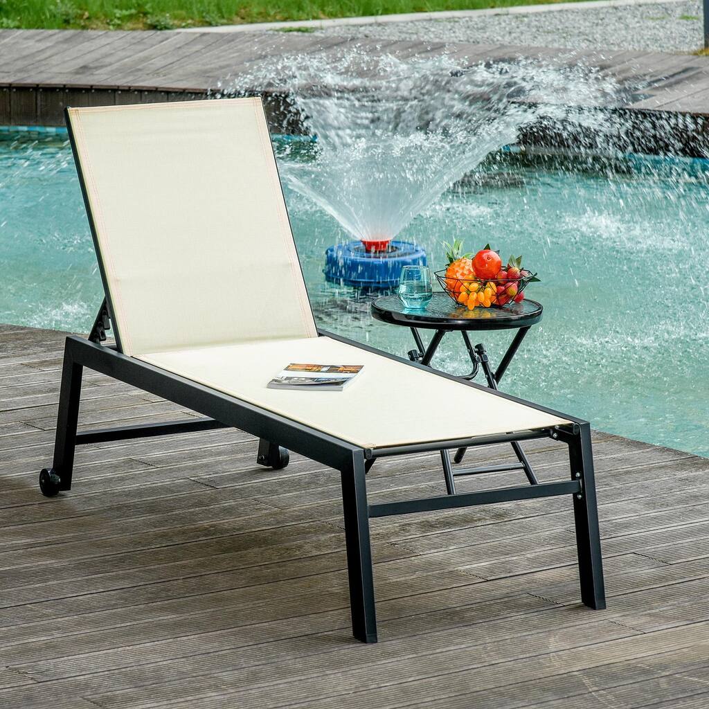 Outdoor steel frame mesh chaise lounge with rollers