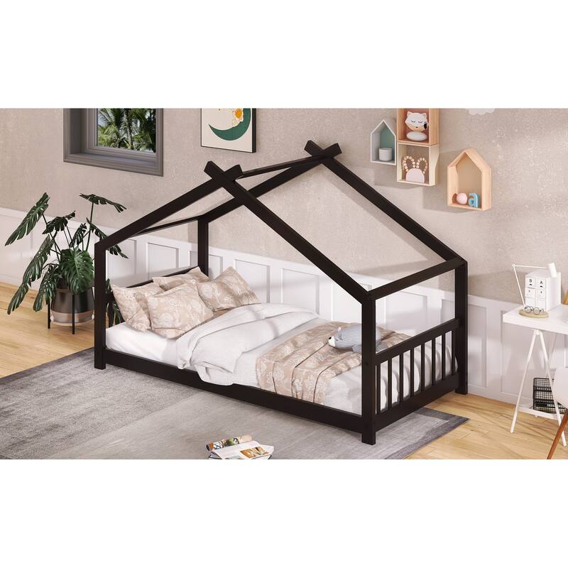 Twin Size House Bed with Roof, Wood Frame, and Play Space