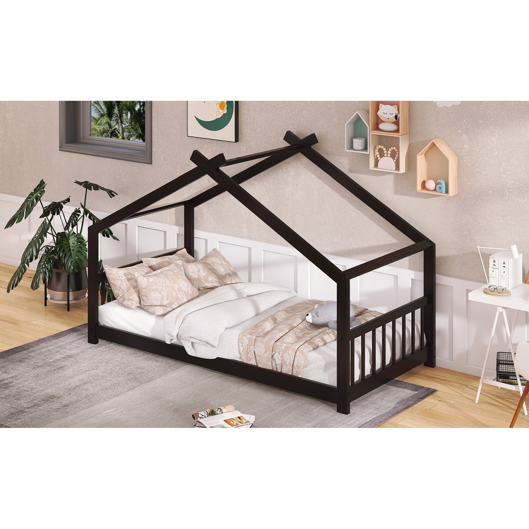 Twin Size Pine Wood House Bed with Playhouse Roof Design