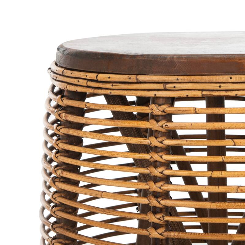 SAFAVIEH Leliana Rattan White Washed Drum Stool Accent Table - 17.7" x 17.7" x 18.9" - 18Wx18Dx19H