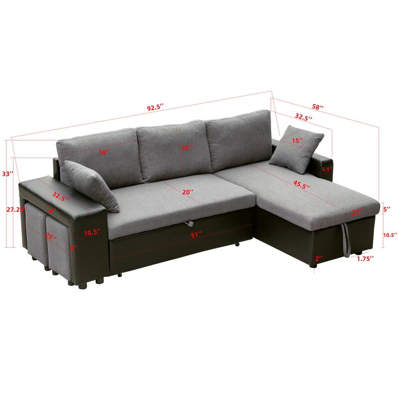 92.5"Reversible Sleeper Sectional Sofa with storage and 2 stools Steel