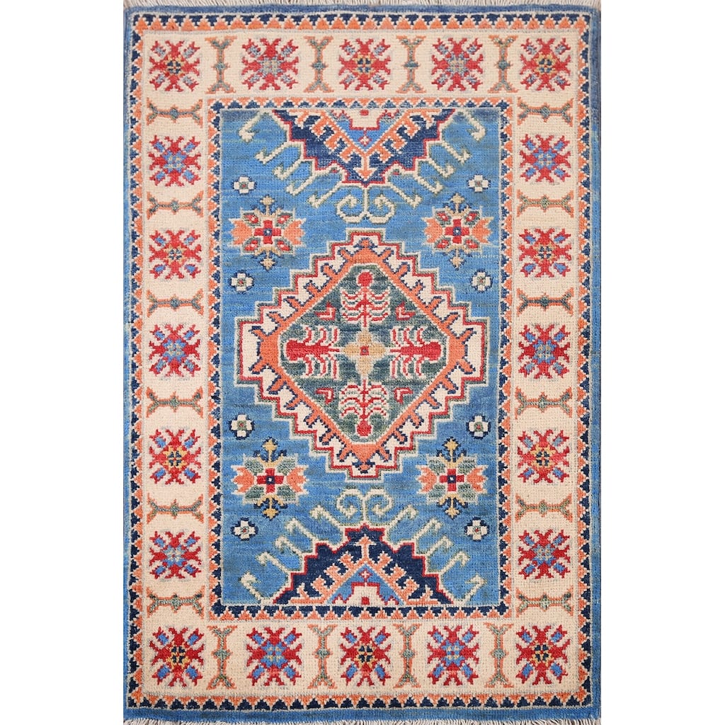 Blue Kazak Oriental Accent Rug Hand-Knotted Wool Carpet - 2'0" x 3'1"