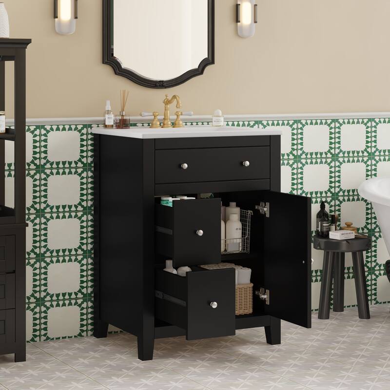 24" Modern Bathroom Vanity - Ceramic Basin, 2 Drawers & Soft-Closing Door, Compact Design