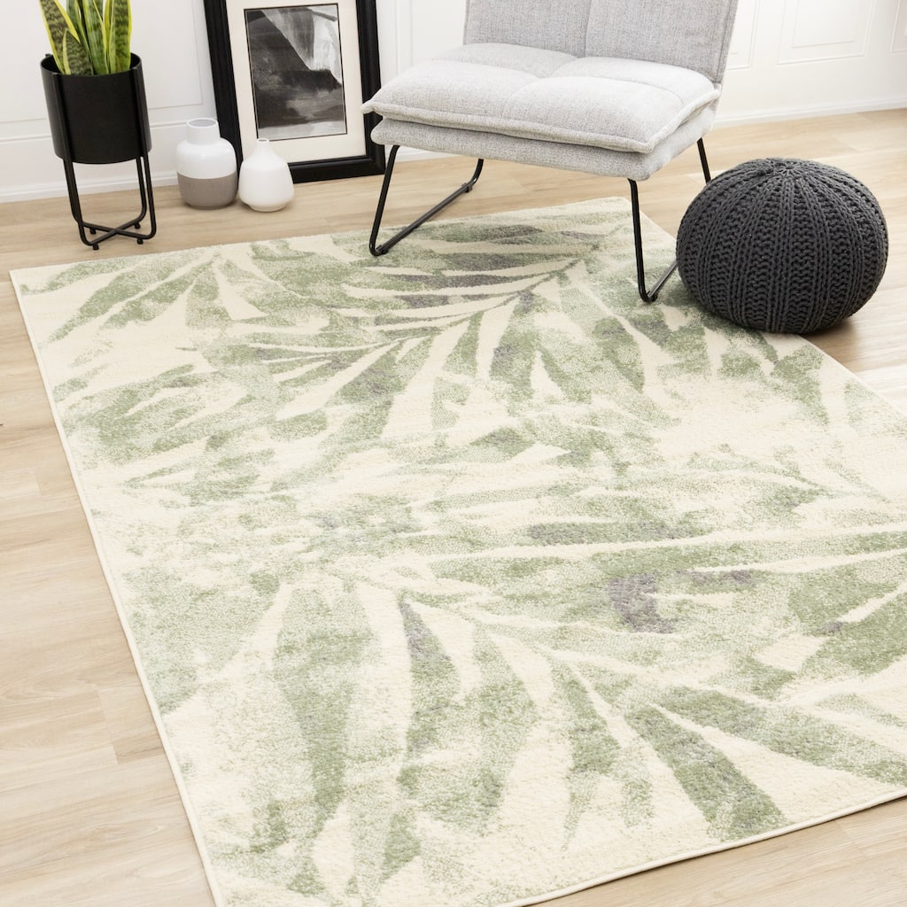 Cream Green Subtle Leaves Indoor Area Rug