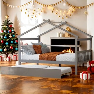 Kid Bed Frame Full Size Wooden House Platform Bed with Twin Size Trundle