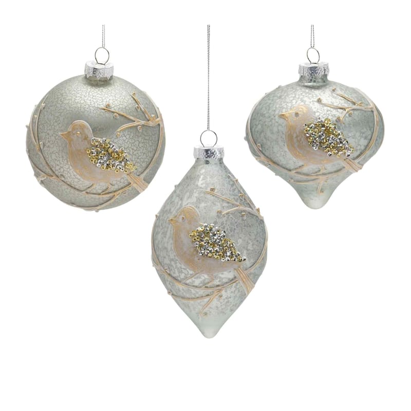 Sequined Bird Glass Christmas Ornaments 6" (150Mm) Gold and Silver 6Ct