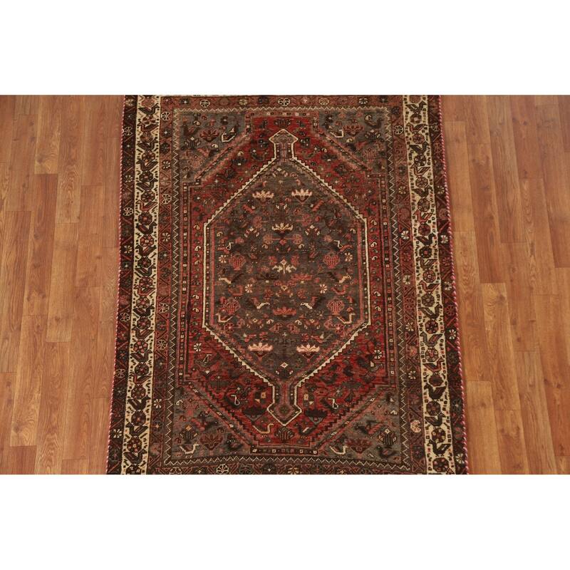 Hand-knotted Qashqai Persian Vintage Area Rug Grey Wool Carpet - 3'9"x 5'6"