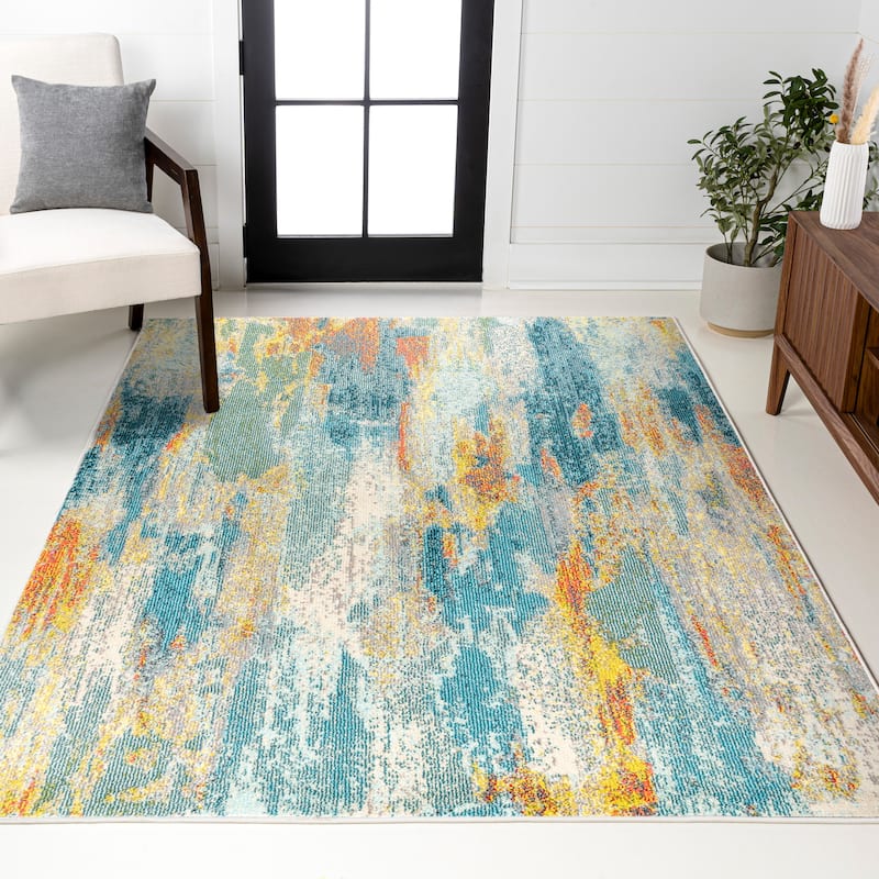 JONATHAN Y Groovy POP Modern Abstract Vintage Waterfall Area Rug - 4 X 6 - Blue/Cream/Yellow