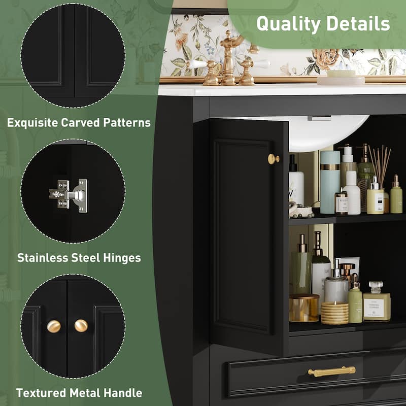 30" Bathroom Vanity with Ceramic Sink, Solid Wood Frame, 2 Soft-Close Doors, Storage Cabinet with Shelf