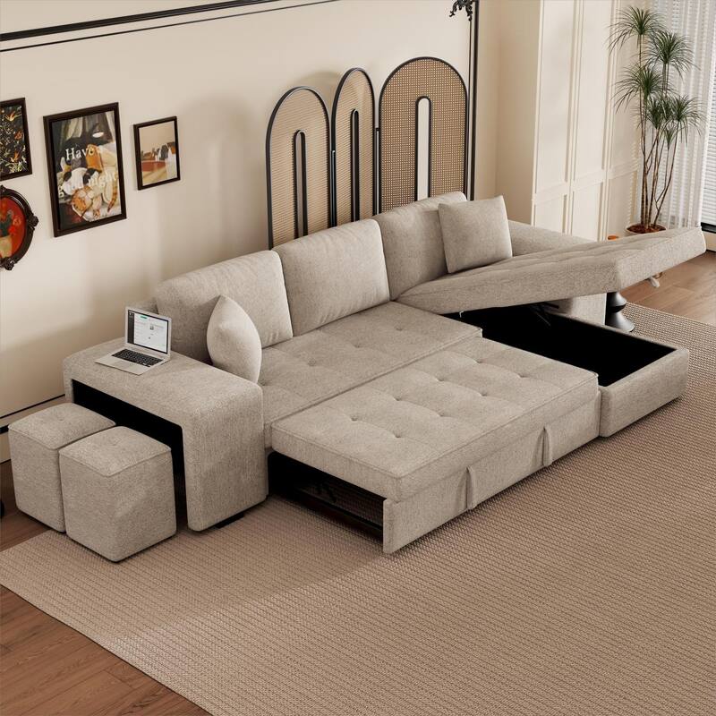 104.5" L-Shape 3 Seat Reversible Sectional Couch with Storage Chaise and 2 Stools, Modern Pull Out Sleeper Sofa with Pillow - Cream