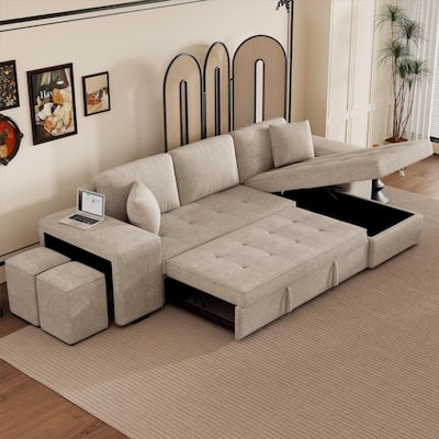 104.5" L-Shape 3 Seat Reversible Sectional Couch with Storage Chaise and 2 Stools, Modern Pull Out Sleeper Sofa with Pillow