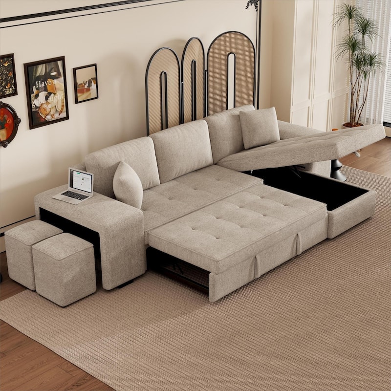Brown 104.5" Charcoal L-Shaped 3-Seater Convertible Sofa with Pull-Out Bed, Storage Chaise, and 2 Convenient Stools - Cream