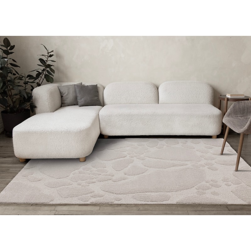 Luxurious White Stepping Stones High-Low Textured Rug