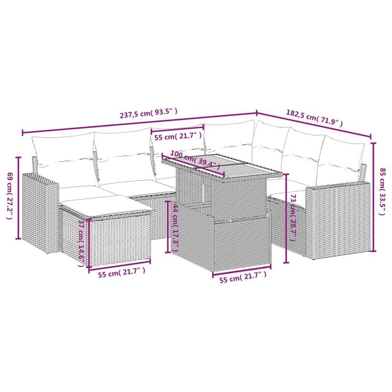 vidaXL Patio Sofa Set with Cushions Outdoor Furniture 8 Piece Poly Rattan - 24.4 x 24.4 x 27.2