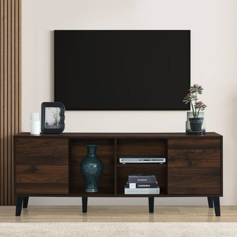 Mid Century TV Stand with 2 Cabinets, Media Console Table for TVs up to 70'',Alabaster,Dark Brown