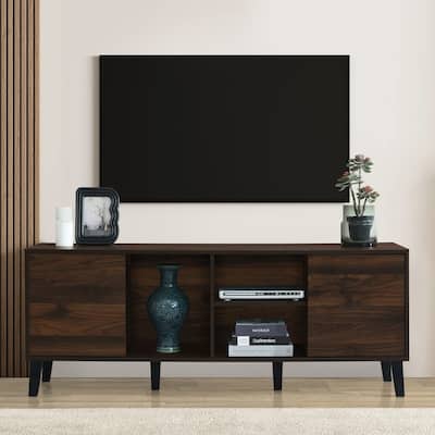 Mid Century TV Stand with 2 Cabinets, Media Console Table for TVs up to 70'',Alabaster,Dark Brown