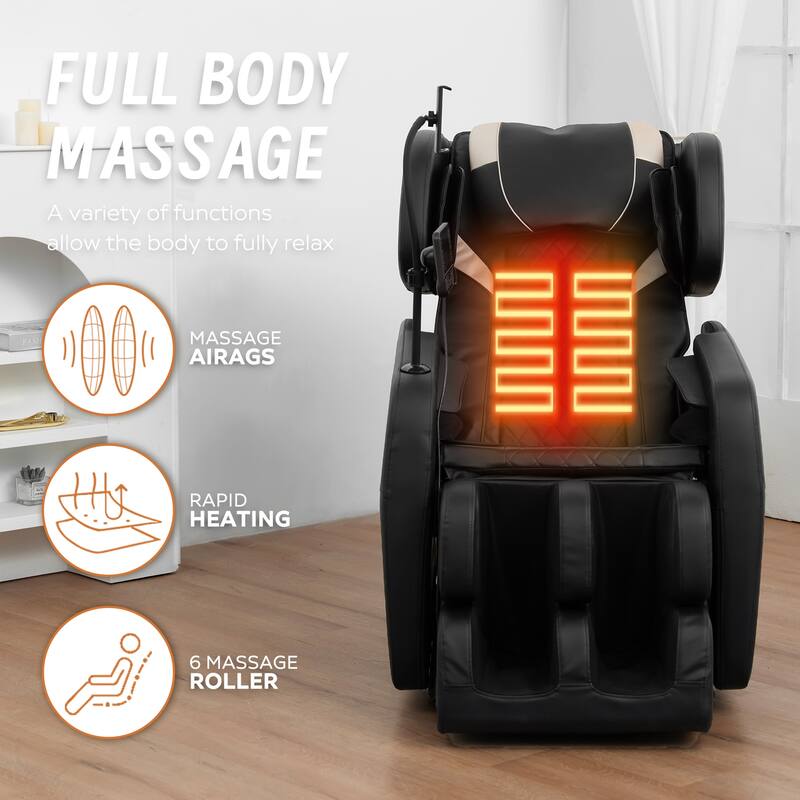 Massage Chair Recliner, Full Body Air Compression with Heat Therapy, Foot Rollers & Bluetooth Speakers - Black