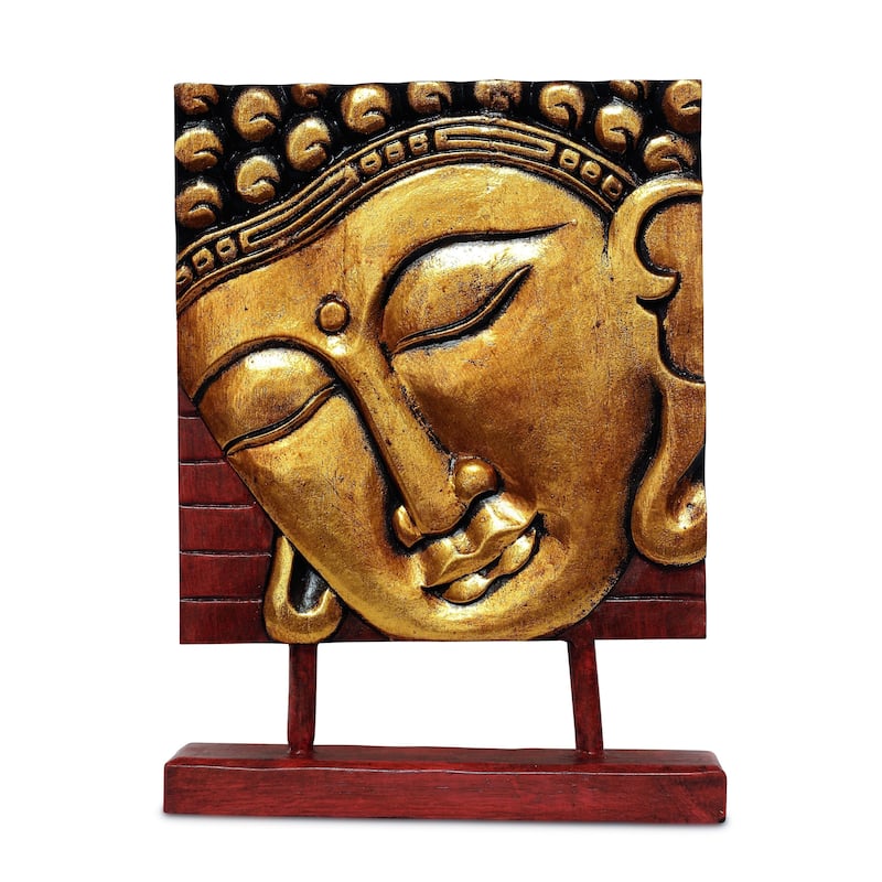 15" Wooden Serene Buddha Head Plaque Gold Statue Handmade Meditating Sculpture Figurine Home Decor Accent Handcrafted Oriental