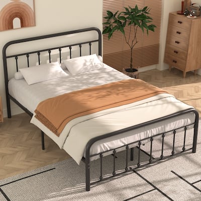 Black Metal Bed Frame with Vintage Headboard and Footboard,No Box Spring Needed,Premium Stable Steel Slat Support,Black