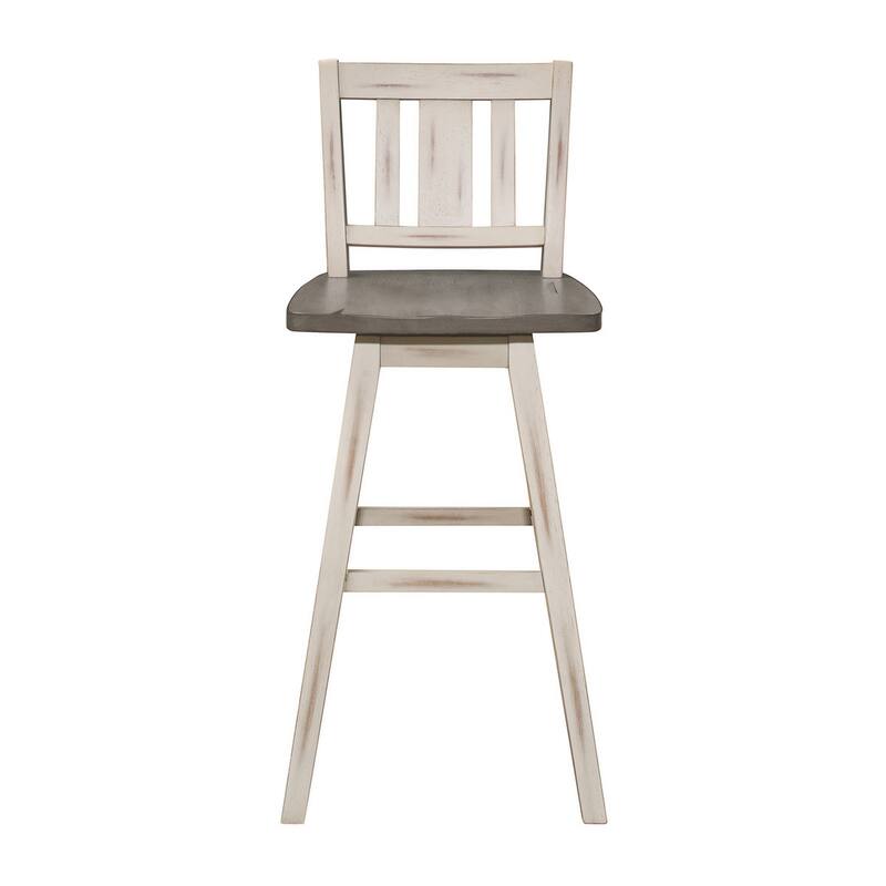 Ati 29 Inch Bar Height Stool Swivel Chairs Set of 2, Vertical Slat Back, Gray, White