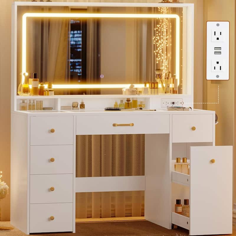 Vanity Desk with Mirror and Lights Power Outlet Drawers 3 Light Modes - Full Mirror