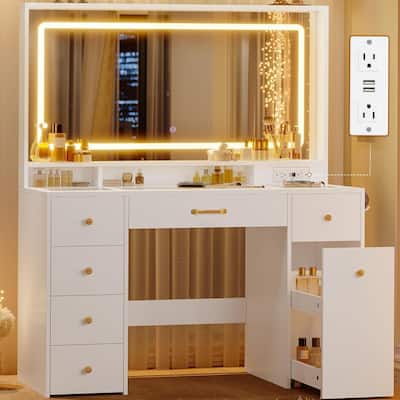Vanity Desk with Mirror and Lights Power Outlet Drawers 3 Light Modes