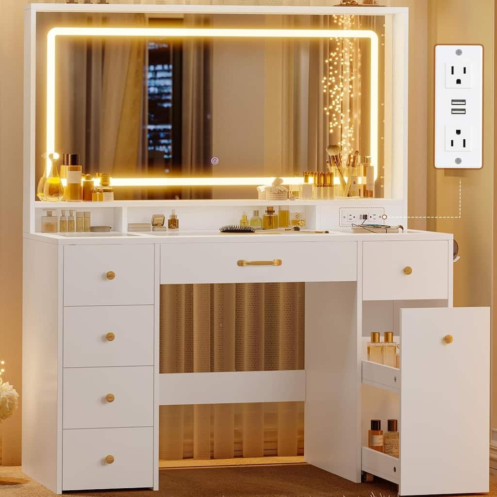 Vanity Desk with Mirror and Lights Power Outlet Drawers 3 Light Modes