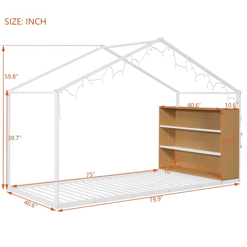 Twin Size Metal Bed House Bed Frame with Shelves and Lights