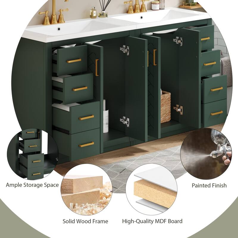 60" Green Bathroom Vanity with Ceramic Sink Combo, Solid Wood Frame Freestanding Cabinet with Drawers & Soft-Close Doors