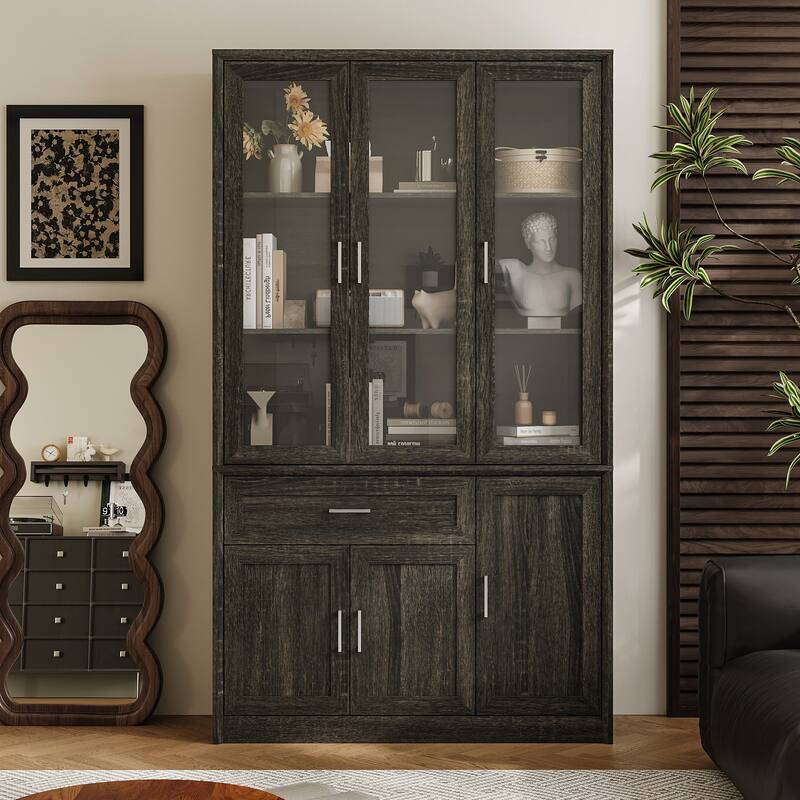 Modular Glass Door Bookcase Wall Unit with Storage Cabinets and Drawers, Dark Oak Display Hutch for Living Room or Home Office - 46.1"Wonly