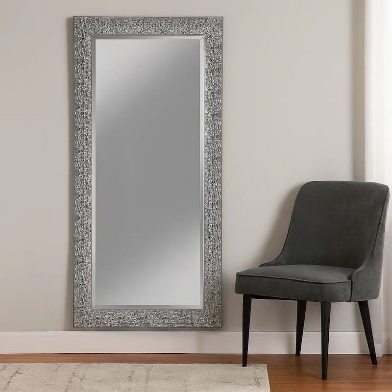 Rectangular Beveled Accent Floor Mirror with Glitter Mosaic Pattern, Gray