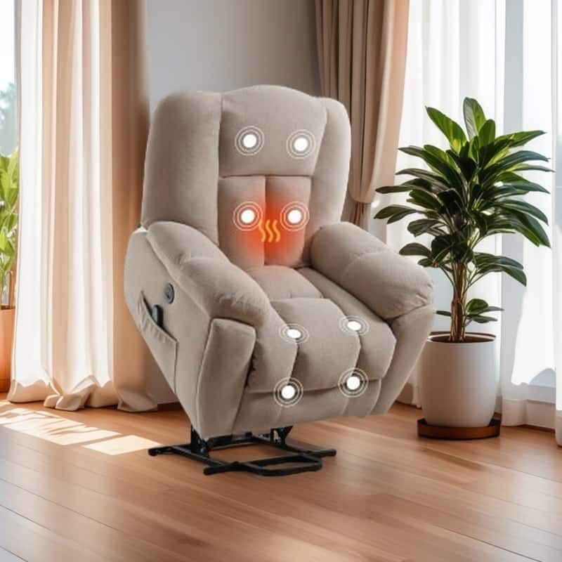 Senior-Friendly Electric Lift Recliner with Heat & 8-Point Massage, USB Charging, Side Storage Pockets, and Durable Upholstery - Beige