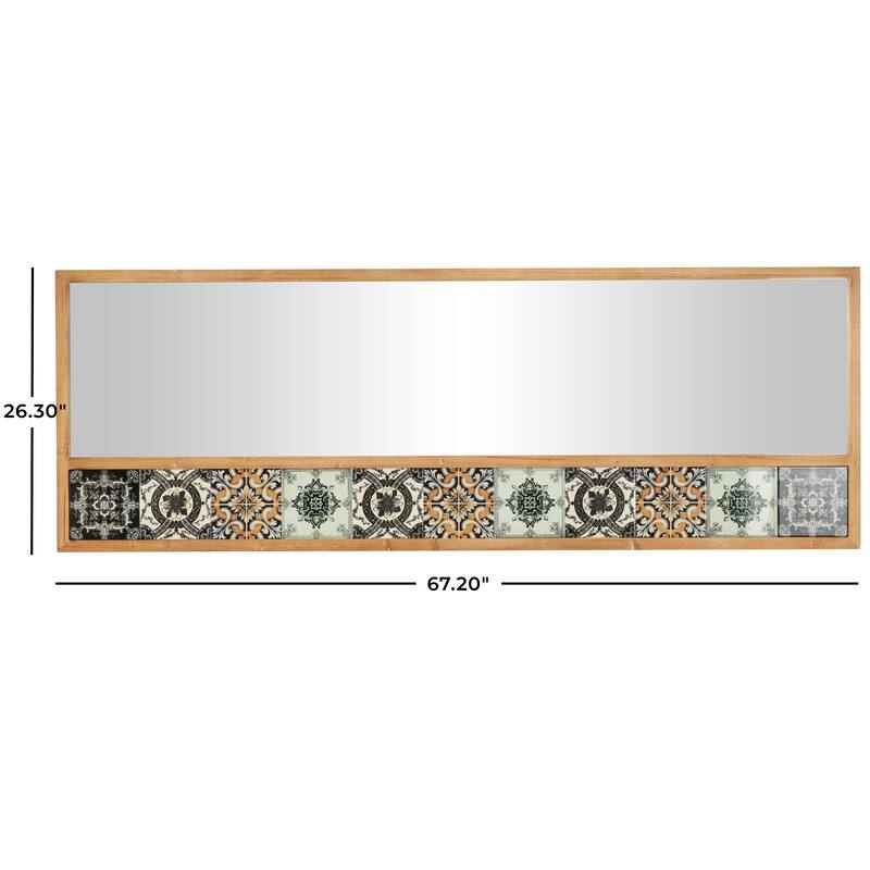 Brown Wood Floral Room Wall Mirror with Patterned Mosaic Tile Edge