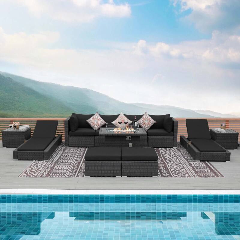 FINCATI 11 Pieces Patio Furniture Set Outdoor Sectional Sofa with Firepit Table
