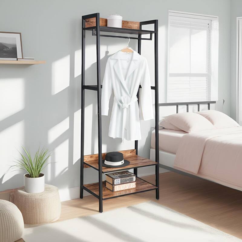 JJS Industrial Rustic Coat Rack & Shoe Stool Entryway Hall Tree with Storage Drawers & Shelves Rustic Brown