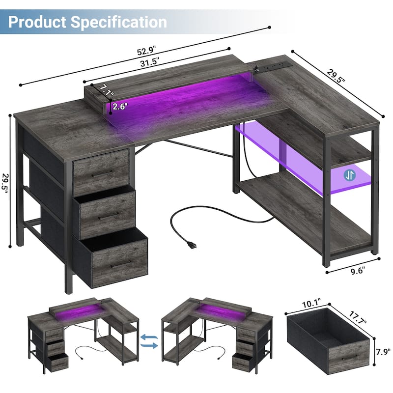 Reversible 53'' L Shaped Computer Desk with Power Outlets & LED Lights,Gaming Desk with 3 Drawers & Monitor Stand