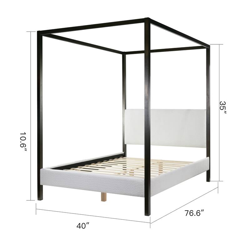 Beecher White Boucle Canopy Queen Bed with Iron Frame