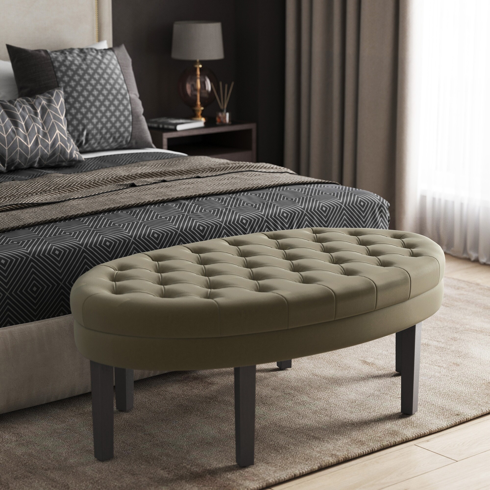 BELLEZE Tristar Oval Tufted Ottoman Linen Footrest Bench 4 Colors