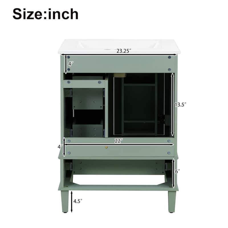 24" Bathroom Vanity with Integrated Ceramic Sink, Soft-Close Drawers and Door, Cabinet with Door Storage Rack