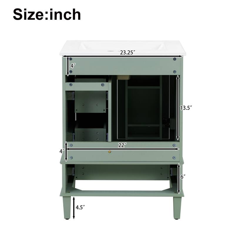 24-Inch Bathroom Vanity With An Integrated Ceramic Basin, Featuring A Door-Mounted Double-Layer Shelf, Soft-Close Drawers