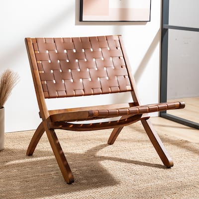 Folding Woven Faux Leather Accent Chair, Midcentury Modern Lounge Chair for Living Room, Bedroom, Patio, Balcony