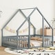 preview thumbnail 1 of 10, Full Size Pine Wood Floor Bed with House Frame and Safety Guardrails, Sturdy Wooden Structure Designed Grey