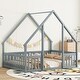 preview thumbnail 13 of 16, Full Wood House-Shaped Floor Bed with Fence, Guardrails for Small Space, Living Room, Bedroom, Apartment Grey