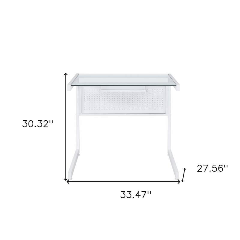 HomeRoots 33" Clear and White Glass and Stainless Steel Writing Desk
