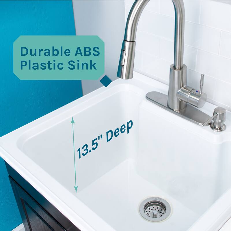 TEHILA Black Utility Sink Cabinet, High Arc Faucet, Soap Dispenser