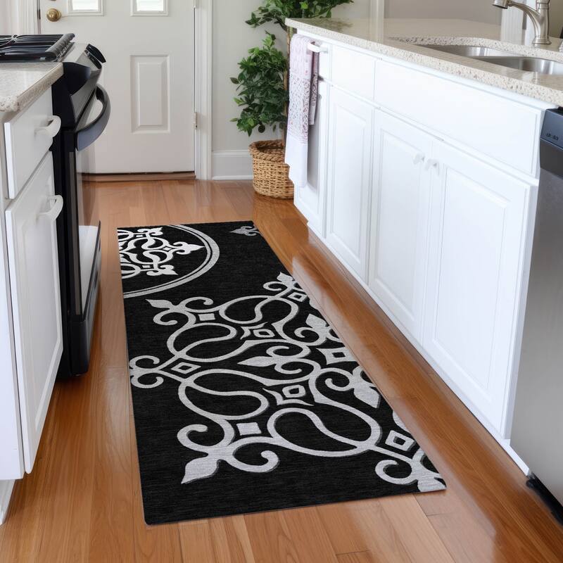Premium Washable Super Soft Transitional Scroll Mayfield Rug - Black - 2'3" x 7'6"