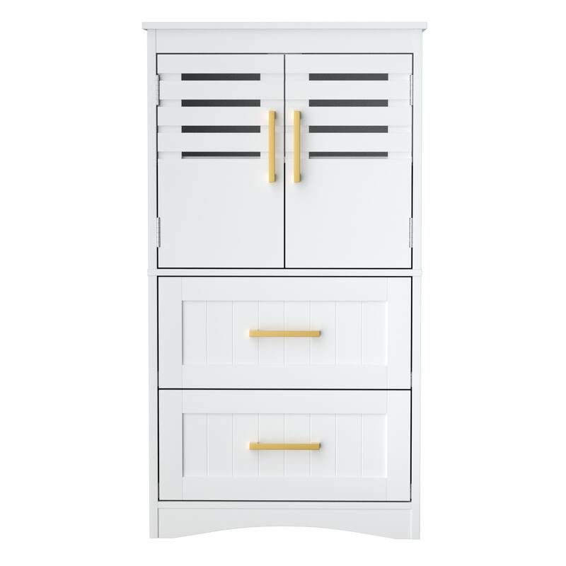 Bathroom Floor Storage Cabinet, Freestanding Bathroom Cabinet with 2 Drawers 2 Doors, Storage Cabinet with Gold handle - White