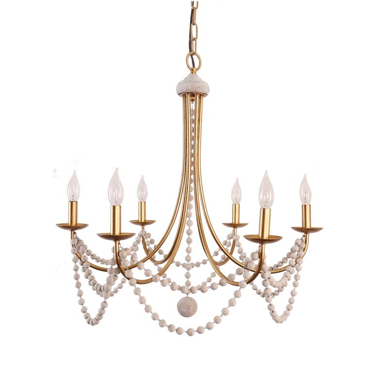 Oaks Aura Mid-Century 6-Light Wood Ceiling Light, Swing Arms French Country Boho Wood Beaded Chandelier