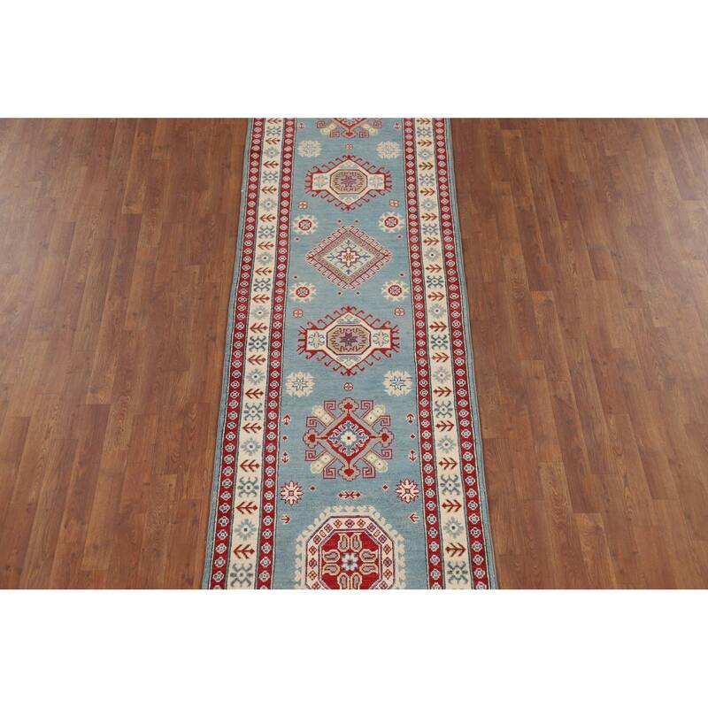 Light Blue Kazak Runner Rug Hallway Hand-Knotted Wool Carpet - 2'10" x 15'2"